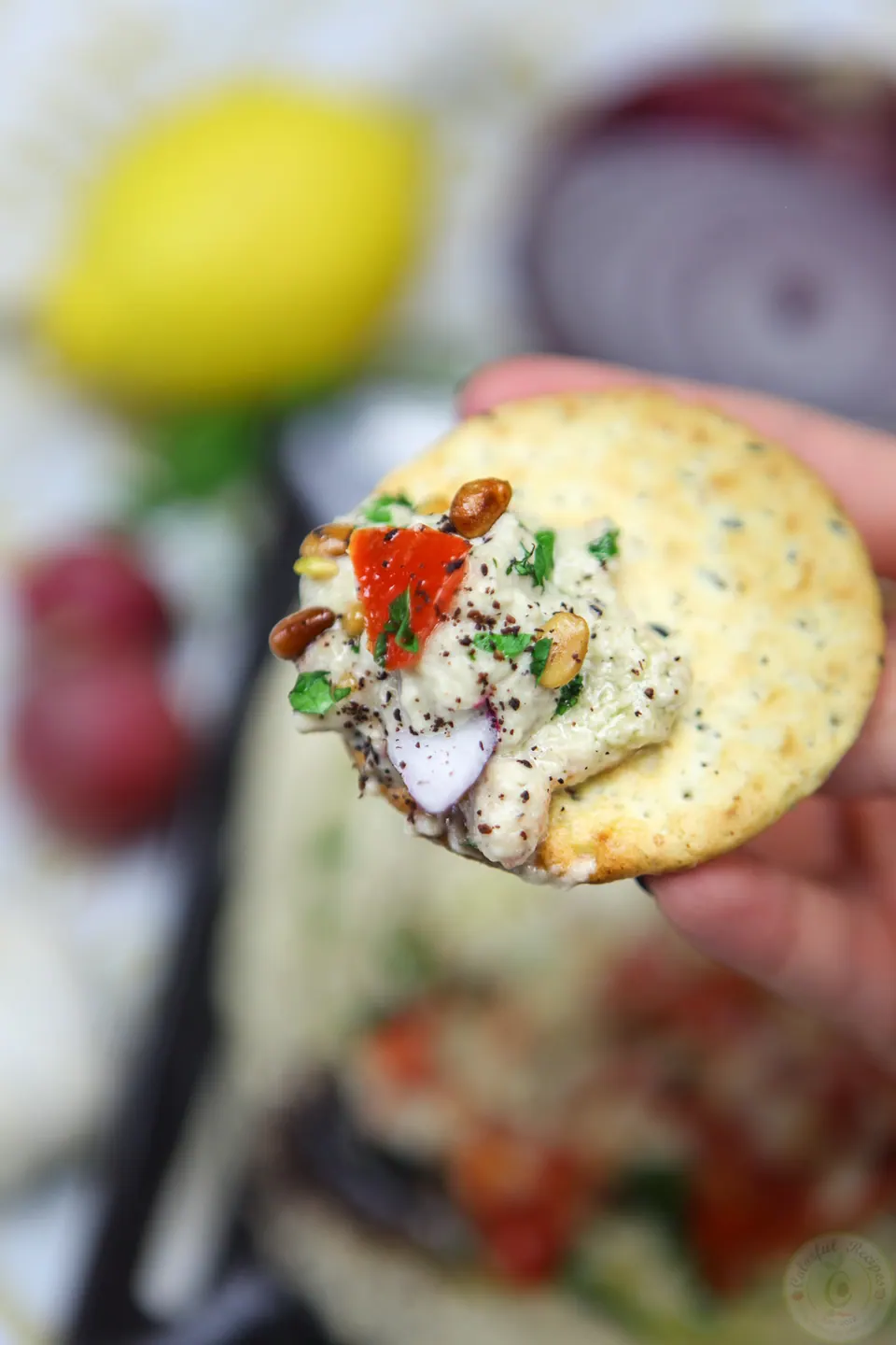 Multigrain cracker scooping Lebanese baba ghanouj eggplant dip with toppings