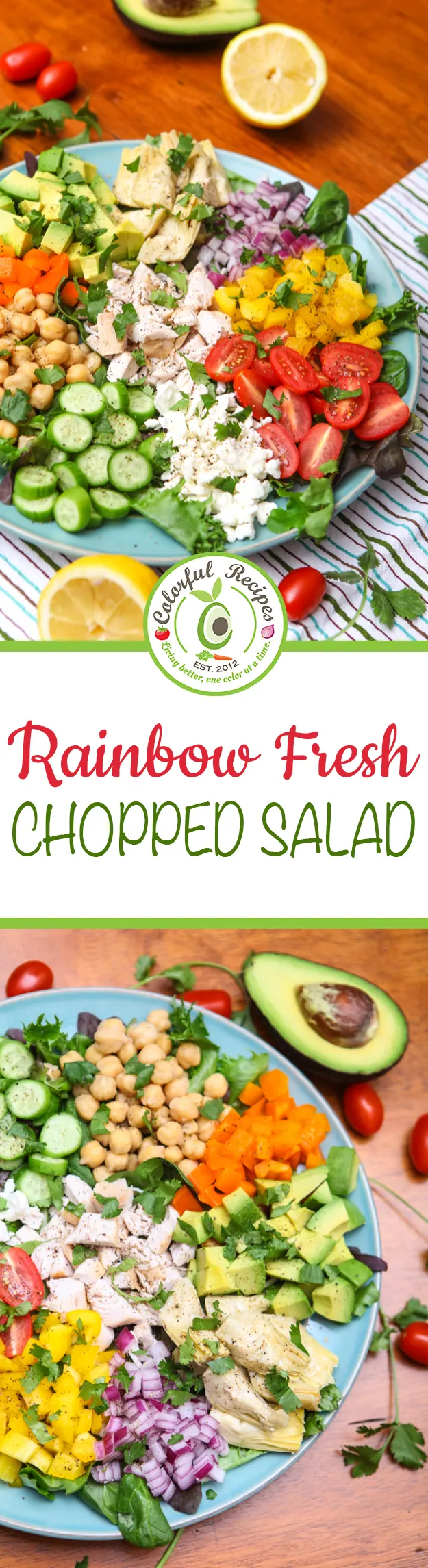 Pinterest graphic for a colorful fresh chopped salad with chicken and veggies