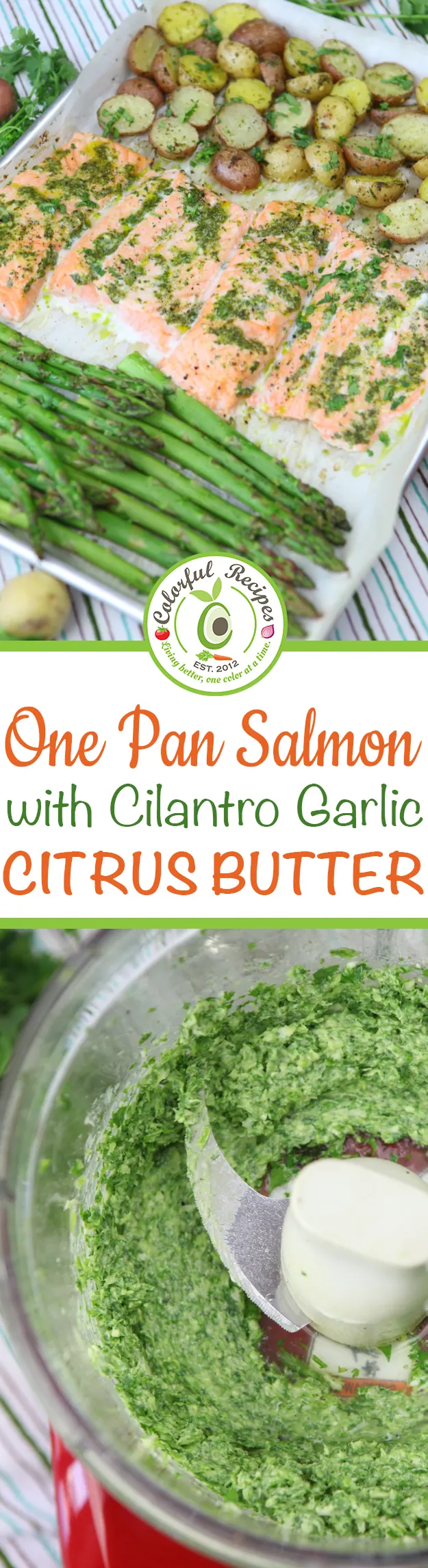 Pinterest graphic for one pan salmon and veggies with cilantro garlic citrus butter