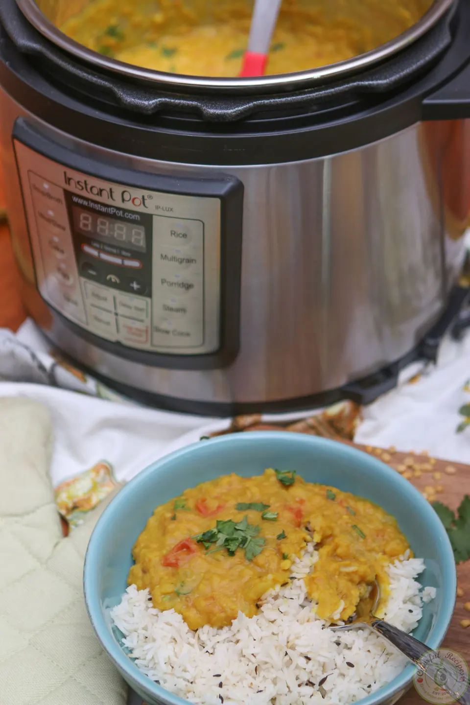 Instant Pot pigeon pea dal (toor dal) in a white bowl