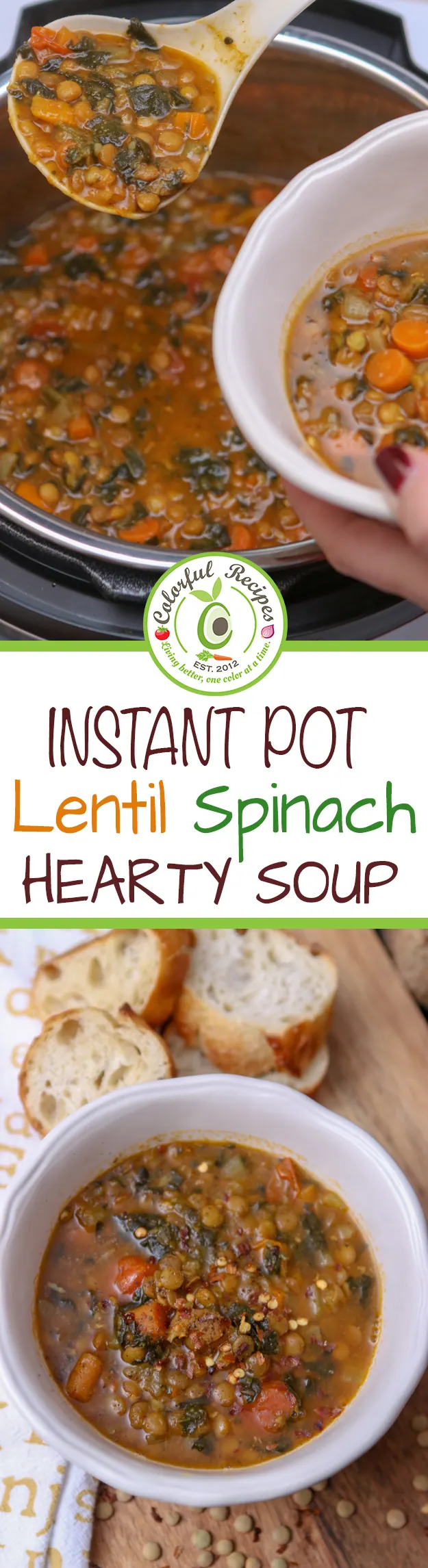 Instant Pot Lentil Spinach Hearty Soup pin image